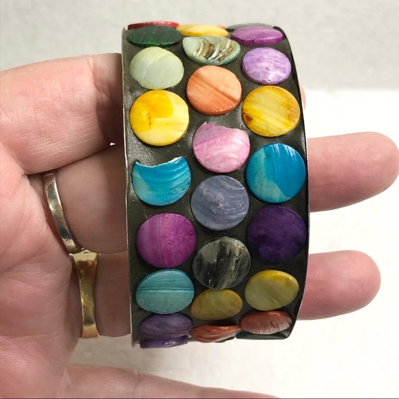 Two Silver Abalone Shell Colorful Inlay Bangle Bracelets - Picture 4 of 16